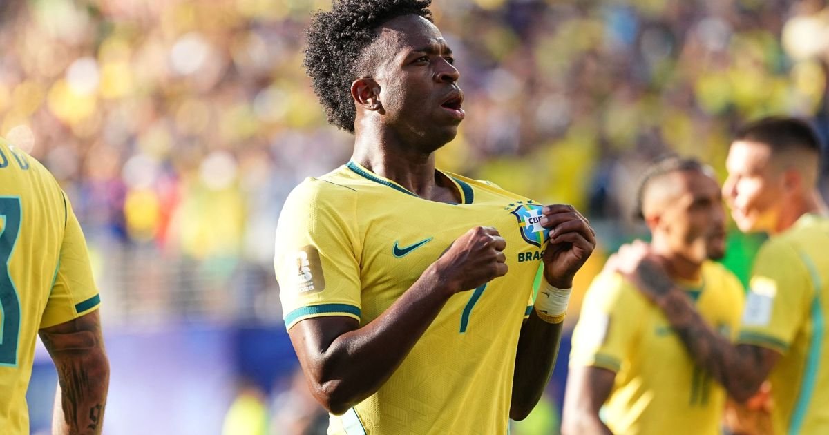 Vinicius Junior celebra gol da Seleção Brasileira  • Ulrik Pedersen/NurPhoto/Getty Images